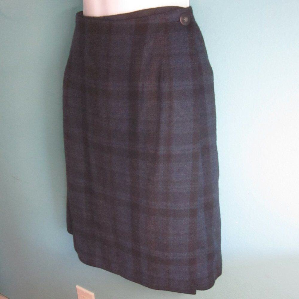 Talbots Blue Plaid Wool Skirt Womens Size 8 Wrap Style Vintage Skirt